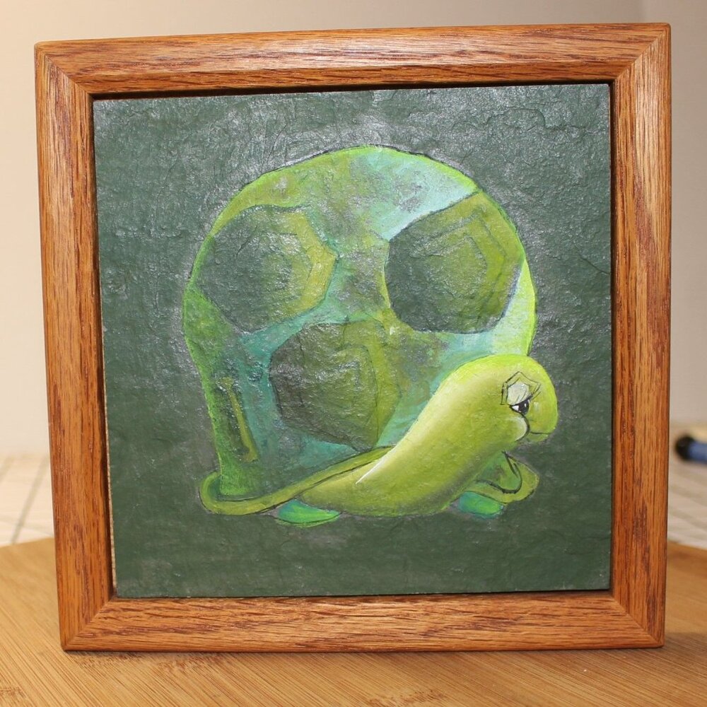Handcrafted Tecolote Tiles & Gallery Ceramic Turtle Tile Art Oak Frame 7" Square